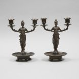 Pair of French Neo Grec Patinated Bronze Candleabra signed F. Souchal, Paris, late 19th century, hei
