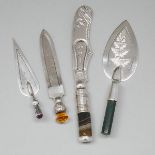 Four Mainly Edwardian Hardstone, Amethyst and Citrine Mounted Silver Bookmarks, London and Birmingha
