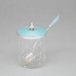 Guilloche Enameled Silver Covered Cut Glass Preserve Jar with Spoon, probably Russian, 20th century,