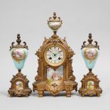 French 'Sevres' Porcelain Mounted Gilt Metal Three Piece Mantle Clock Garniture, c.1860, clock heigh