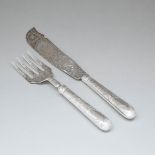Pair of Victorian Engraved Silver Fish Servers, George Adams, London, 1841, knife length 12.4 in — 3