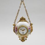 Small French Ormolu Mounted Ceramic Wall Clock on Chain, c.1900, inclusive of chain height 11 in —