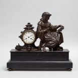 Large French Belgian Black Marble and Bronzed Metal Figural Mantle Clock, c.1860, 21 x 23 in — 53.3