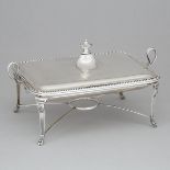 Silver Covered Breakfast Dish with Liner and Stand, probably Russian, 20th century, length 10.6 in —