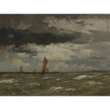 Norman Wilkinson (1878–1971), BARGES RUNNING FOR SHELTER, Oil on canvas; signed lower right, titled