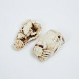 Two Antler and Ivory Carved Netsuke of a Crab and Frogs, Meiji Period, longest length 2 in — 5.1 cm