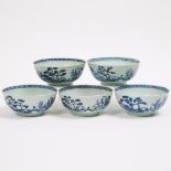 A Set of Five 'Scholar on Bridge' Pattern Large Bowls from the Nanking Cargo, Qianlong Period, Circa