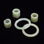 A Group of Three Pale Celadon Jade Archer Rings, together with Two Pale Celadon Jade Bangles, 青白玉扳指玉