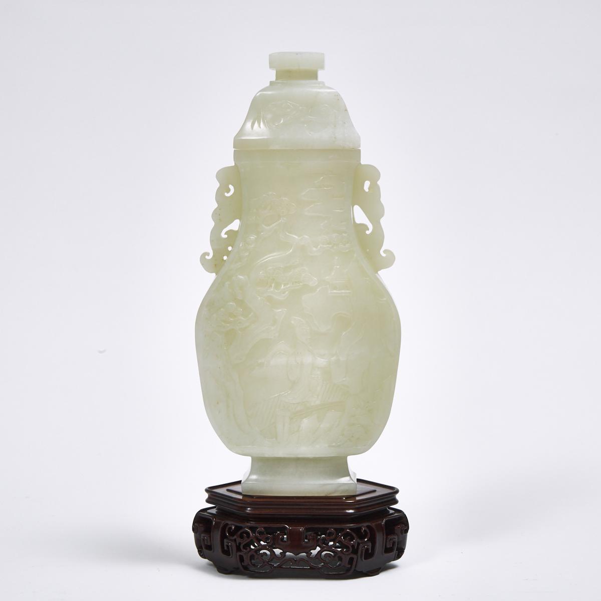 A White Jade 'Scholar and Pine' Vase and Cover, Qing Dynasty, 清 白玉雕'松下高士'紋瓶, height 9.6 in — 24.3 cm - Image 2 of 2