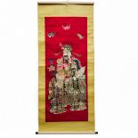 A Chinese Embroidered 'Fu Lu Shou' Red Silk Panel, Republican Period, 民国时期 红地'福禄寿'刺绣, panel 69.8 x 2