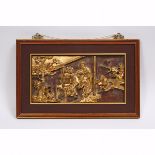 A Pair of Framed Gilt Wood Temple Carvings, 19th Century, 十九世纪 金木人物故事挂件一对, 14.7 x 23.2 in — 37.4 x 5