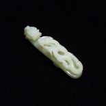 A Pale Celadon Jade Belt Hook, Qing Dynasty, 清 青白玉雕'苍龙教子'带钩, length 3.5 in — 9 cm