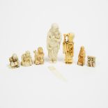 A Group of Eight Ivory Netsuke and Miscellaneous Carvings, 18th/19th Century, largest height 3.7 in