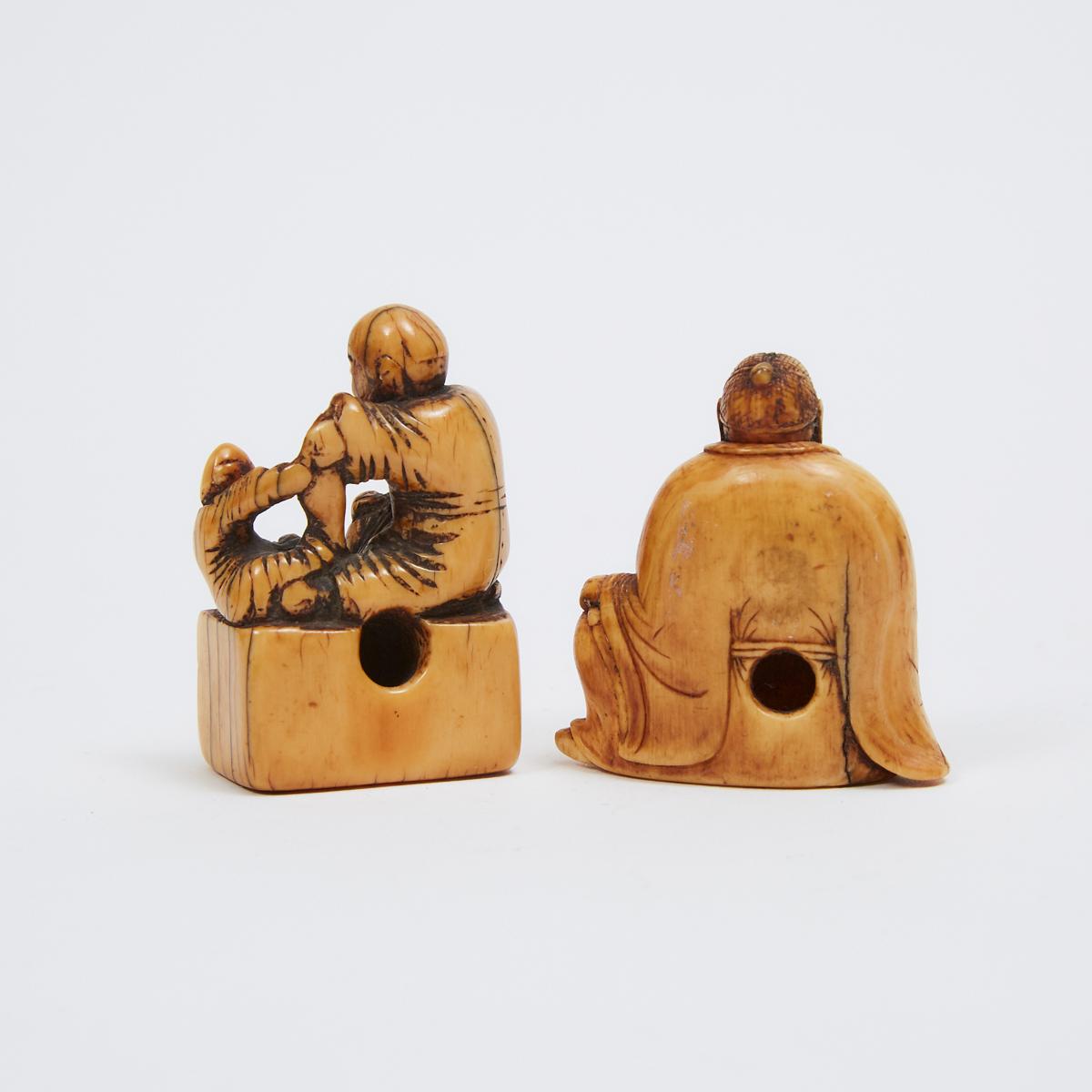 Two Ivory Figural Netsuke, Edo Period, 18th/Early 19th Century, tallest height 1.8 in — 4.5 cm (2 Pi - Image 2 of 2