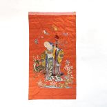 A Large Chinese Embroidered 'Shoulao' Red Silk Panel, 19th Century or Later, 十九世纪或更晚 红地"寿老图" 刺绣, 128