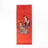 A Large Chinese Embroidered 'Magu and Deer' Red Silk Panel, 19th Century or Later, 十九世纪或更晚 红地"麻姑献寿"刺