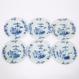 A Set of Six Blue and White 'Bamboo and Flowers' Plates, 青花石竹花卉纹盘一组六件, diameter 9 in — 22.9 cm (6 Pi