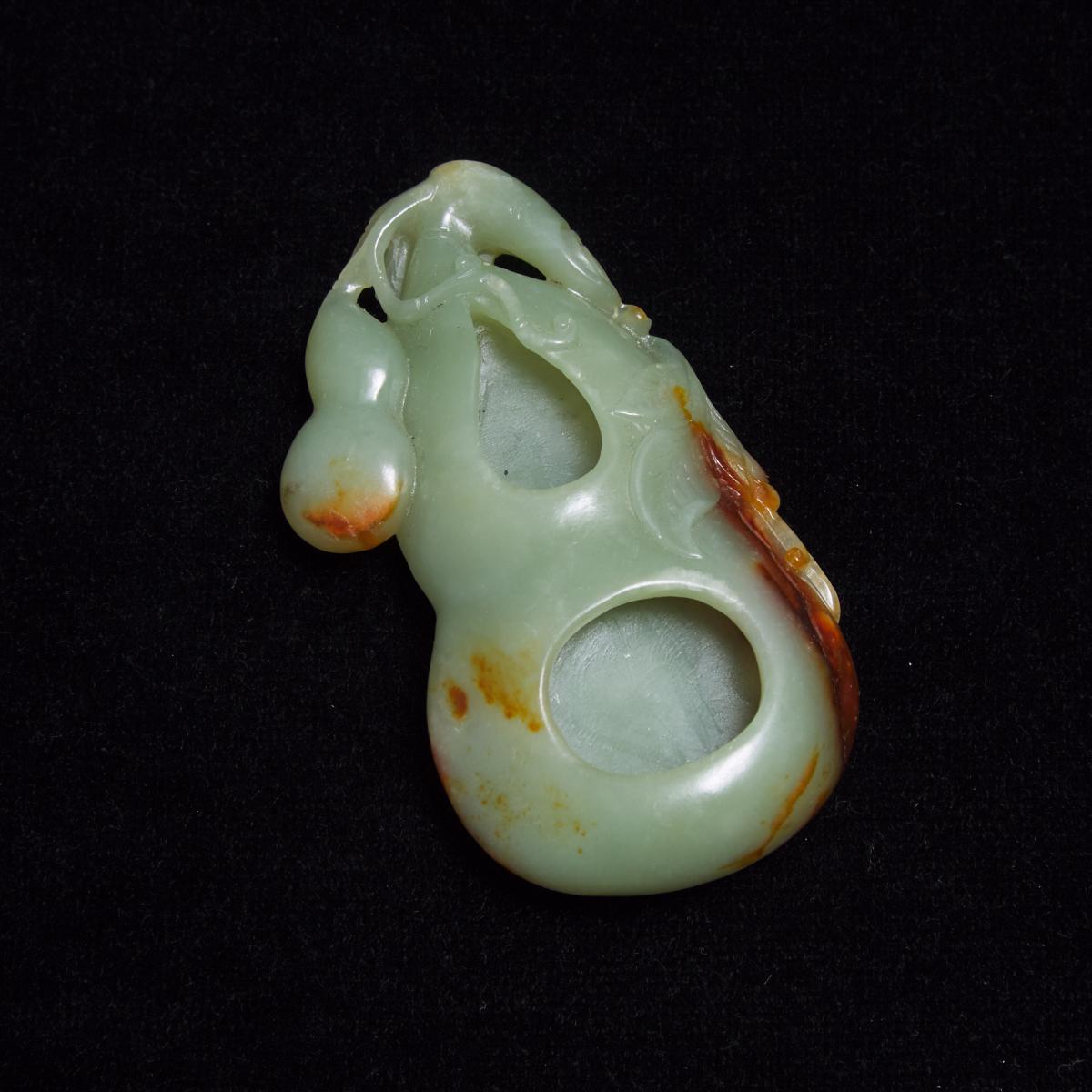 A Celadon and Russet Stone 'Double-Gourd' Washer, 青石雕葫芦形洗, length 3.8 in — 9.6 cm