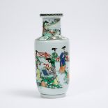 A Famille Verte 'Lady and Child' Rouleau Vase, Kangxi Mark, 五彩'仕女童子'棒槌瓶 康熙款, height 17 in — 43.2 cm