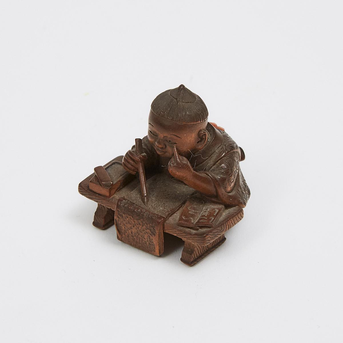 A Fine Wood Netsuke of a Boy, Signed Gyokuso, Early 20th Century, 1.3 x 1.3 x 1.1 in — 3.2 x 3.2 x 2 - Image 2 of 4