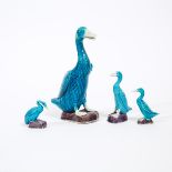 A Group of Four Turquoise Glazed Chinese Export Ducks, Late Qing Dynasty, 晚清 中国外销绿松石釉瓷鸭一组四只, largest