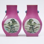 A Pair of Pink Ground Square Vases, Qianlong Mark, 19th Century or Later, 十九世纪或更晚 胭脂红铺首耳瓶一对 乾隆款一对