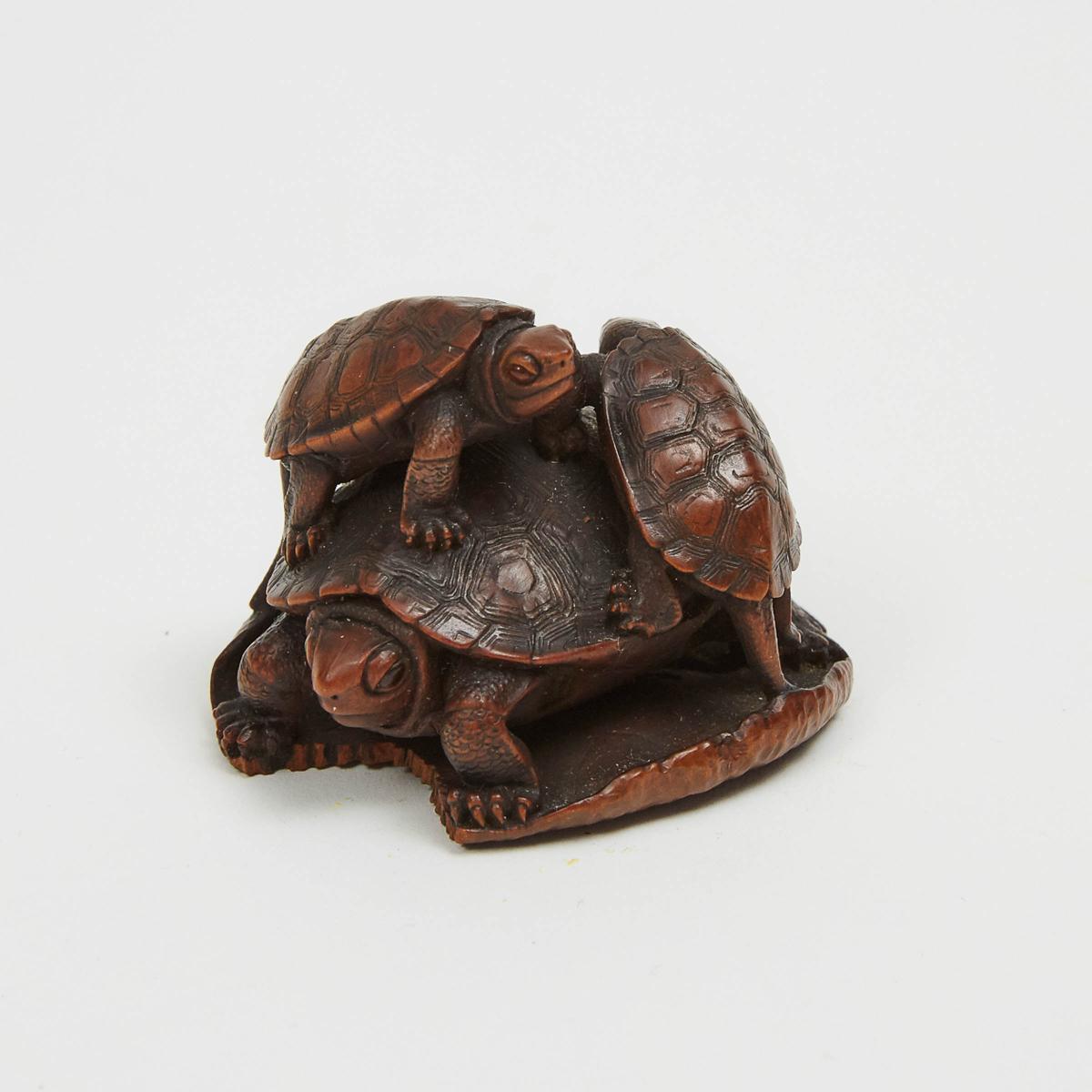 A Boxwood Netsuke of Turtles, Signed Bazan, 19th Century, 1.4 x 2 in — 3.6 x 5 cm