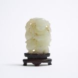 A Pale Celadon-White Jade Carving of a Boy with Lingzhi and Double Gourd, Qing Dynasty, 清 青白玉雕如意童子,