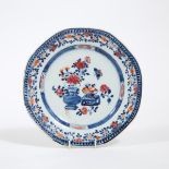 A Chinese Export Octagonal Blue and White Overglaze-Red 'Rose' Plate, Qianlong Period, 18th Century,
