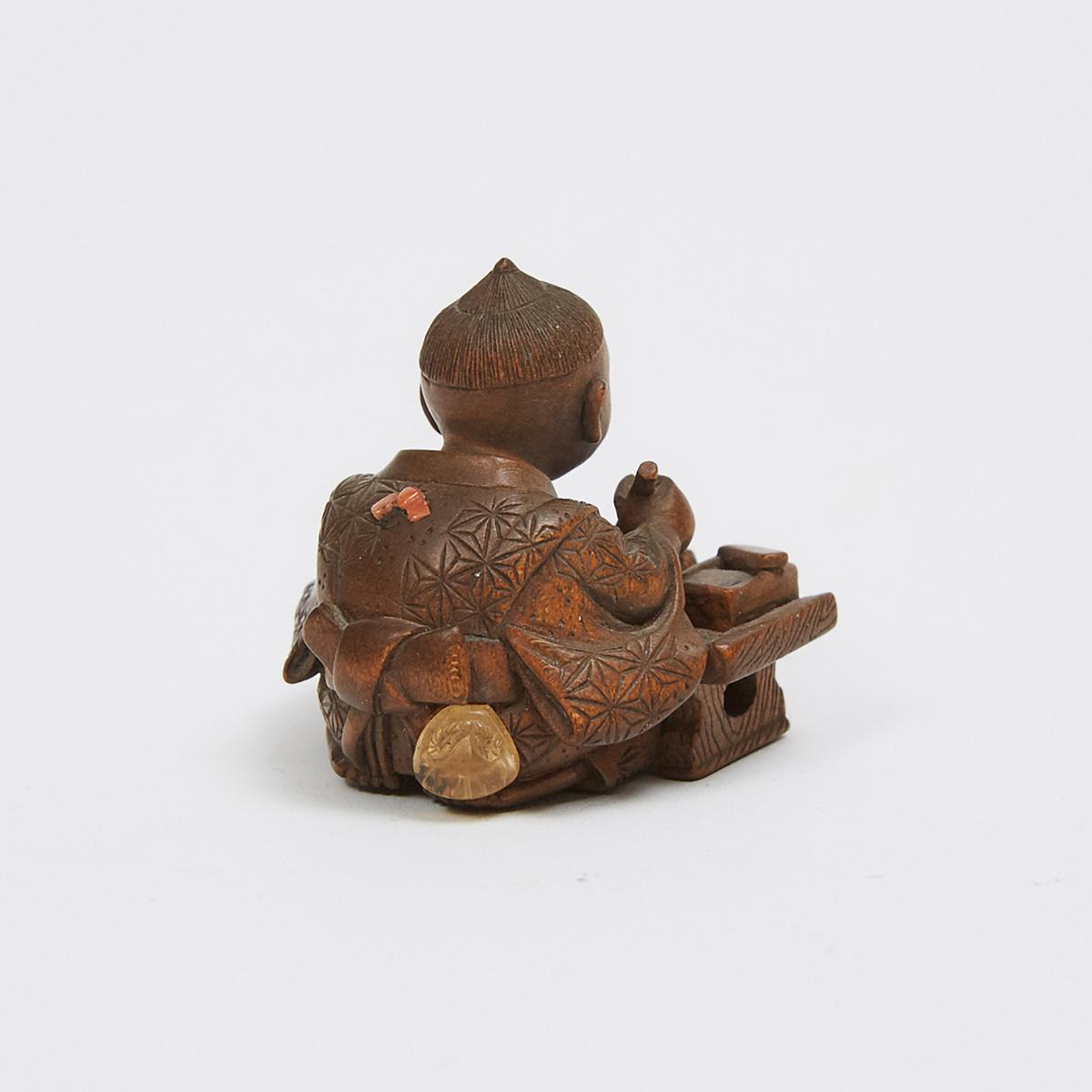 A Fine Wood Netsuke of a Boy, Signed Gyokuso, Early 20th Century, 1.3 x 1.3 x 1.1 in — 3.2 x 3.2 x 2 - Image 3 of 4