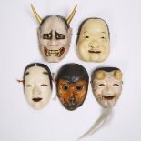 A Group of Five Japanese Noh Masks, tallest height 9.8 in — 25 cm (5 Pieces)