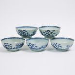 A Set of Five 'Scholar on Bridge' Pattern Large Bowls from the Nanking Cargo, Qianlong Period, Circa