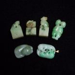 A Group of Six Jadeite Carvings, 翡翠坠子钮章一组六件, tallest height 1.6 in — 4 cm (6 Pieces)