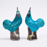 A Pair of Turquoise Glazed Porcelain Roosters, 孔雀蓝釉瓷鸡一对, height 10 in — 25.5 cm (2 Pieces)