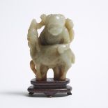 A Mottled Celadon and Russet Stone 'Boy and Deer' Group, Qing Dynasty, 清 石雕抚鹿童子, height 3 in — 7.5 c