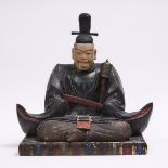A Large Polychrome Wood Sculpture of a Shogun, overall 23.8 x 23.9 x 15.9 in — 60.5 x 60.8 x 40.3 cm