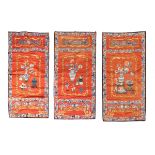 A Set of Three Chinese Embroidered 'Hundred Antiques' Red Silk Panels, 19th Century or Later, 十九世纪或更