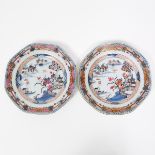 An Extremely Rare Pair of Octagonal Blue and White Pink-Enameled 'Landscape' Plates, Yongzheng/Qianl