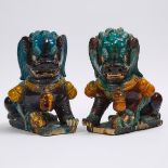 A Pair of Fahua Glazed Guardian Lions, Ming Dynasty, 明 法华福狮一对, height 15 in — 38.1 cm (2 Pieces)