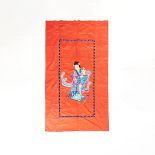 A Large Chinese Embroidered 'Lady and Phoenix' Red Silk Panel, 19th Century or Later, 十九世纪或更晚 红地"孔雀仕