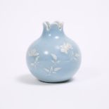 A Clair-de-Lune Glazed Pomegranate-Form Vase, Qing Dynasty, 清 天蓝釉暗刻花石榴尊, height 3 in — 7.6 cm