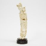 An Ivory Figure of a Lady Holding a Peony Flower, 牙雕牡丹仕女像, height 14 in — 35.6 cm