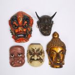 A Group of Five Japanese Masks, tallest height 13.4 in — 34 cm (5 Pieces)