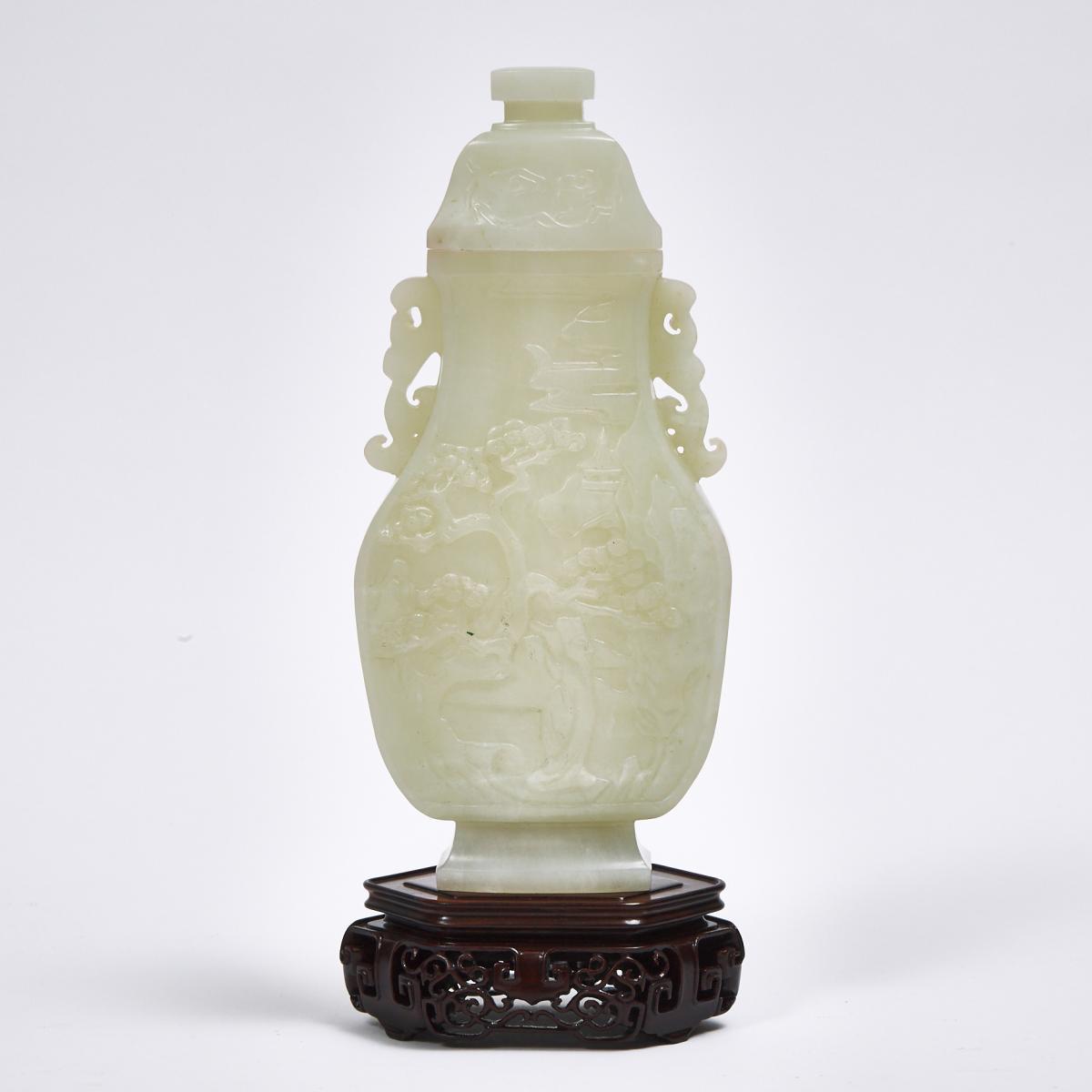 A White Jade 'Scholar and Pine' Vase and Cover, Qing Dynasty, 清 白玉雕'松下高士'紋瓶, height 9.6 in — 24.3 cm