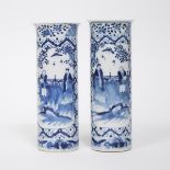 A Pair of Blue and White Sleeve Vases, Possibly Kangxi Period, 或康熙时期 中国青花高士童子帽筒瓶一对, height 9.8 in —