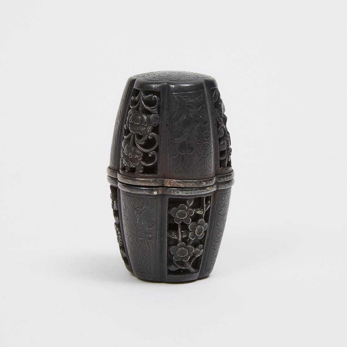 A Shakudo Metal Netsuke of a Barrel with Silver Fitting and Interior Compass, Meiji Period, height 1 - Image 2 of 3