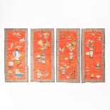 A Set of Four Chinese Embroidered 'Hundred Antiques' Red Silk Panels, 19th Century or Later, 十九世纪或更晚