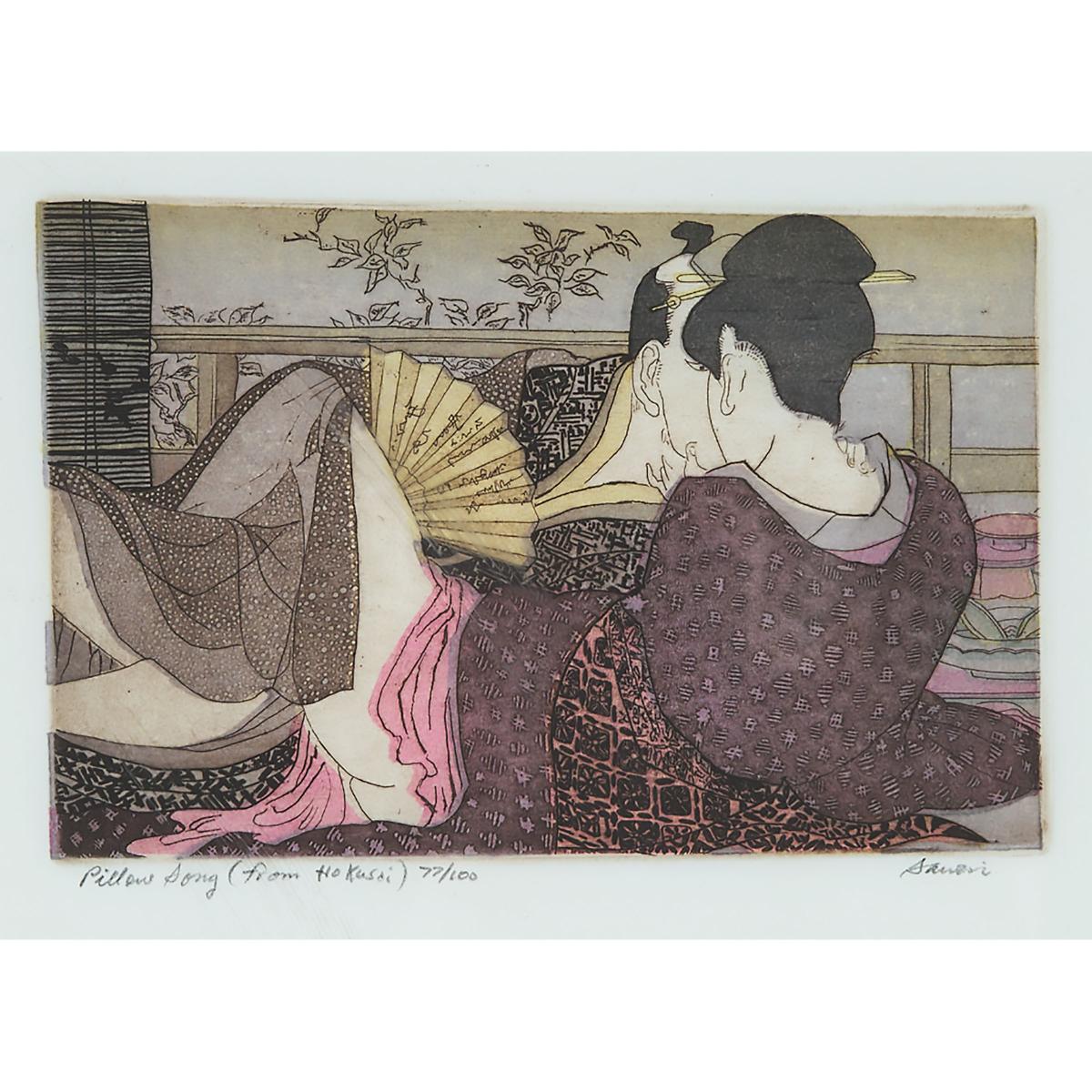 Noboru Sawaii (1931-2016), PILLOW SONG (FROM HOKUSAI), Colour woodblock print on paper; signed, titl