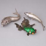 Three Eastern Silver Articulated Fish, 20th century, largest length 9.1 in — 23 cm (3 Pieces)