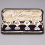 Set of Four Edwardian Enameled Silver Place-Card Holders, Lawrence Emanuel, Birmingham, 1910, height